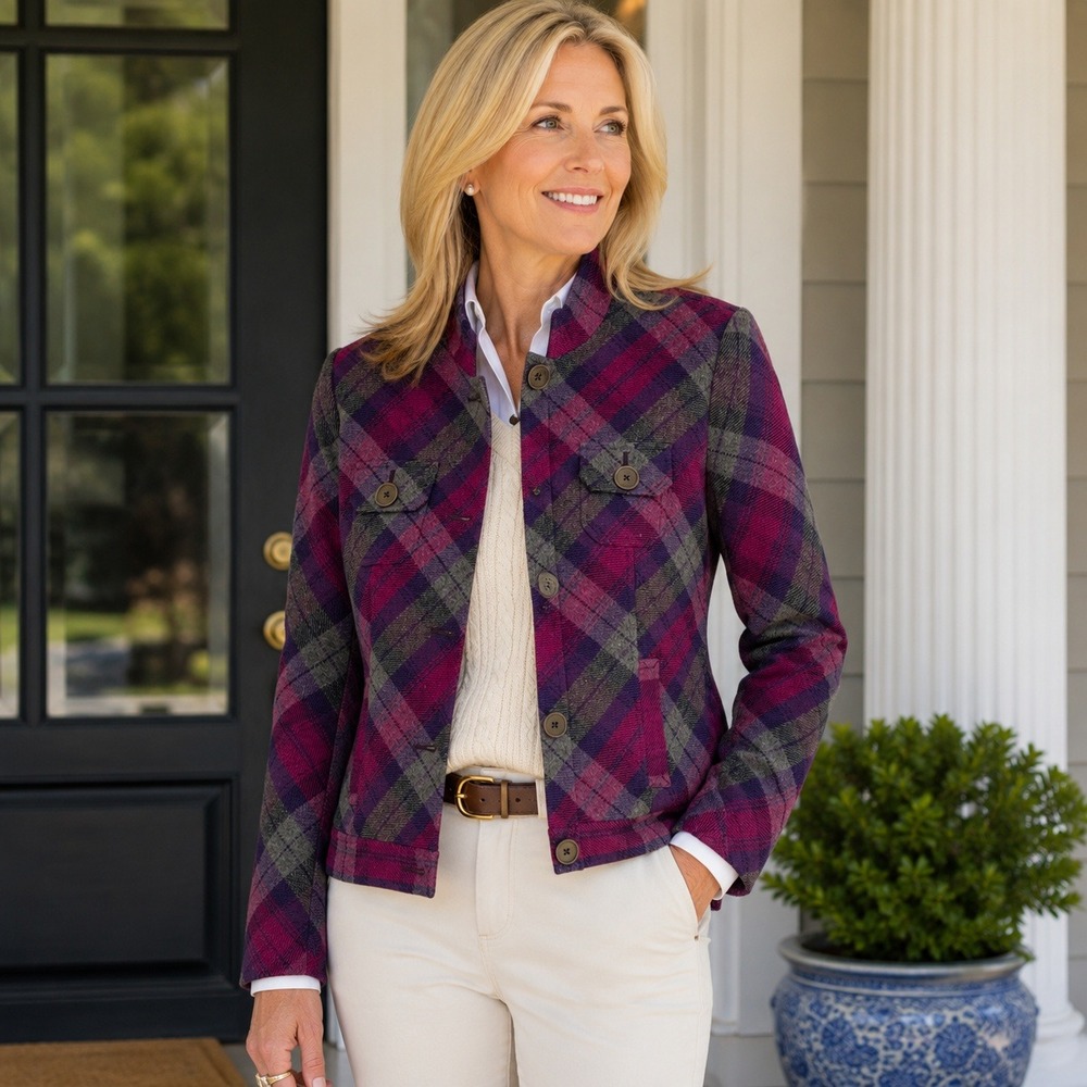 Jones New York Jacket Womens 10P Purple Plaid Wool Blend Button Front‎ Blazer